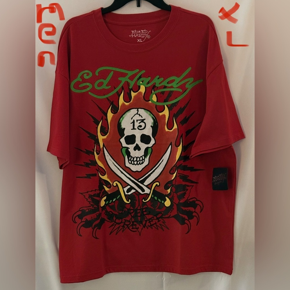 Ed Hardy Red Tee with Skull and Flames